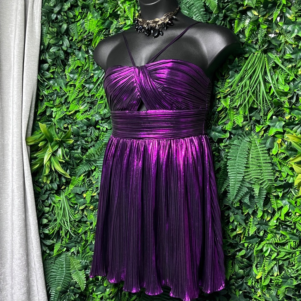 City Studio Dress‎ Size 11/12 Purple Metallic Halter Pleated Mini Cocktail 3364